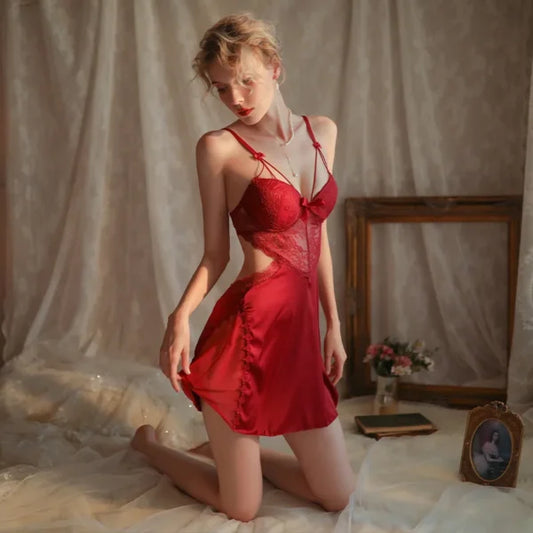 Deep V Fun PajamasSexy Lace See-Through Pendant Set Slit Sex Nightdress Solid Color - AM Store